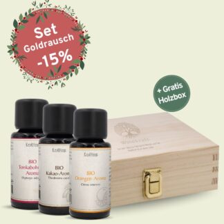 Set: BIO Aromen Goldrausch - Kakao + Tonka + Orange + gratis Holzbox - 3x10ml *