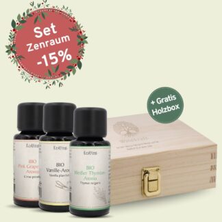 Set: BIO Aromen Zenraum - Thymian weiß + Vanille + Grapefruit + gratis Holzbo... *